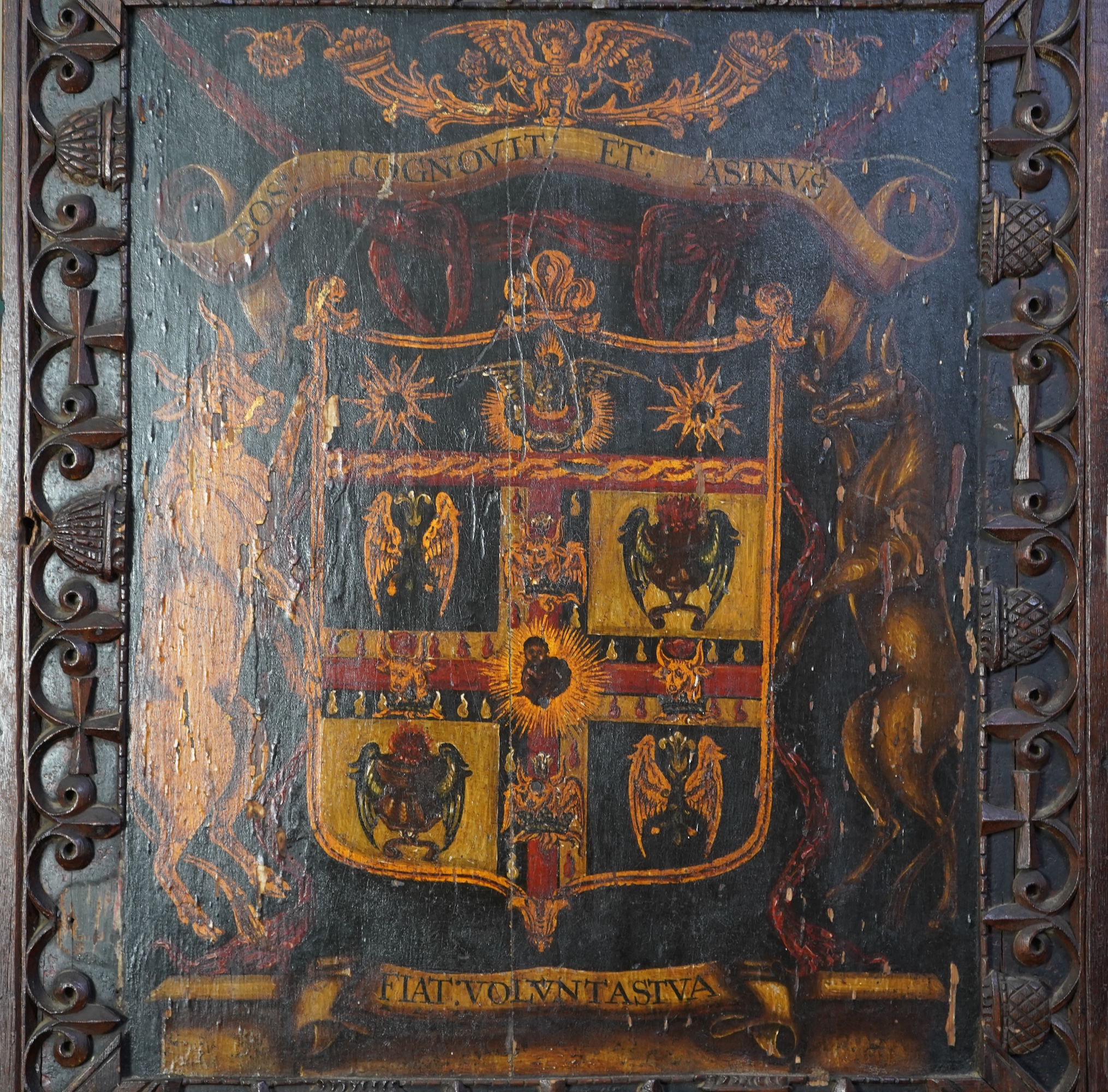 Continental school, Late 17th / early 18th century, Heraldic crest with donkey and ox